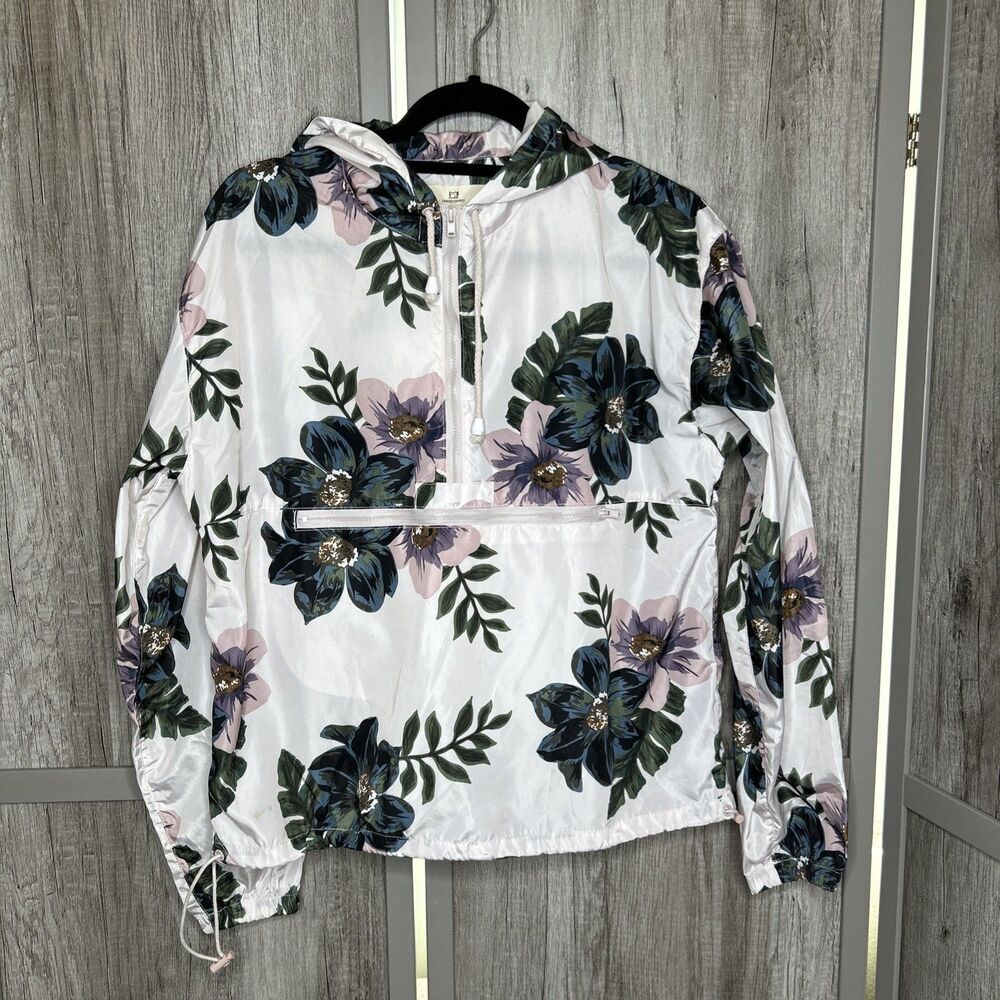 Thread & Supply Jacket 1/4 Zip Hooded Pockets Windbreaker Floral Size S